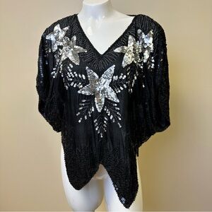 Vintage 80’s Glam Shooting Stars Sequin 100% Silk Blouse Top